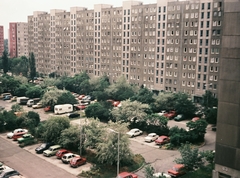 Magyarország, Budapest III., Gyűrű utca., 1989, Umann Kornél, színes, lakótelep, panelház, Budapest, madártávlat, lakókocsi, Fortepan #28272