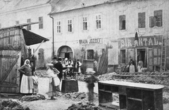 Magyarország, Eger, Zalár József (Oroszlán) utcai házak a mai Gárdonyi Géza tér és a Dobó István (Piacz) tér között. A fotó 1878-ban készült., 1900, Jurányi Attila, cégtábla, daráló, Fortepan #28326