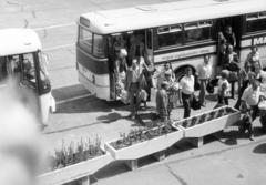 Magyarország, Ferihegyi (ma Liszt Ferenc) repülőtér, Budapest XVIII., a felvétel a kilátó teraszról készült., 1976, Bihari Erzsébet-Németh Tamás Lajos, Budapest, MALÉV légitársaság, autóbusz, utas, Fortepan #284463