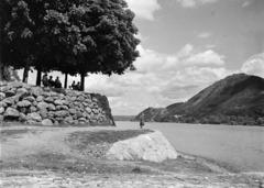 Hungary,Danube Bend, Nagymaros, Duna-part, Erzsébet pihenő, szemben Visegrád., 1923, Gara Andor, relaxation, picture, shore, clouds, dam, wood, Fortepan #285129