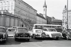 1959, Gara Andor, parkoló, Mercedes-márka, Studebaker-márka, Ford Thunderbird, mercedes w120, rendszám, Fortepan #285376