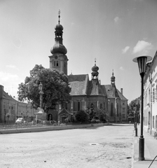 Magyarország, Kőszeg, Jurisics tér, Szent Imre-templom, előtte Mária szobor., 1964, Építésügyi Dokumentációs és Információs Központ, VÁTI, templom, szobor, barokk-stílus, Szűz Mária-ábrázolás, Walent Marx-terv, Wolf Zehentmayer-terv, Fortepan #28602