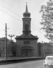 Magyarország, Budapest V.,Budapest IX., Kálvin tér, református templom., 1965, Építésügyi Dokumentációs és Információs Központ, VÁTI, német gyártmány, Wartburg-márka, automobil, Wartburg 311/312, rendszám, Budapest, Fortepan #28626