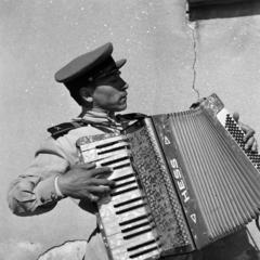 1945, Kieselbach Tamás, Soviet soldier, accordion, musical instrument, Fortepan #286497