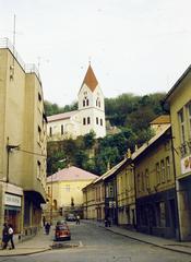 Szlovákia, Trencsén, Farská ulica, fent a Szűz Mária születése-templom., 1975, Kozák, Fortepan #286527