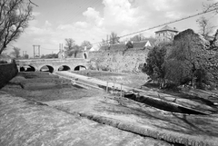 Magyarország, Tata, várárok, árok híd és kapubejáró a rondella felől., 1959, Építésügyi Dokumentációs és Információs Központ, VÁTI, vár, kapualj, kőhíd, ívhíd, Fortepan #28668