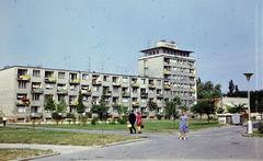 Szlovákia, Pöstyén, a Royova ulica 6-8-10-12. és a 14. számú magasház hátsó homlokzata a Winterova ulica irányából, jobbra a Kalinčiakova ulica., 1972, Kozák, Fortepan #286838