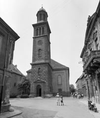 Magyarország, Sopron, Templom utca, evangélikus templom., 1962, Építésügyi Dokumentációs és Információs Központ, VÁTI, templom, motorkerékpár, utcakép, barokk-stílus, klasszicizmus, Fortepan #28690