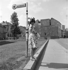 Magyarország, budai Vár, Budapest I., Dísz tér, háttérben balra az Úri utca, jobbra a Tárnok utca., 1962, Szentkuthy Ibolya, buszmegálló, Budapest, Fortepan #286901