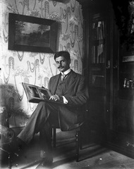 1917, Fortepan, portrait, furniture, moustache, painting, interior, man, arm chair, leg over leg, wallpaper, picture in picture, photo album, Fortepan #2872