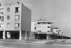 Magyarország, Tiszaújváros, (Tiszaszederkény) Széchenyi út, üzletsor., 1964, Építésügyi Dokumentációs és Információs Központ, VÁTI, gyógyszertár, neon felirat, Fortepan #28738