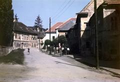 Magyarország, Kőszeg, Rajnis (Beloiannisz) utca a Táblaház (Schätzel Frigyes) utca saroktól a Várkör felé vezető szakaszon. A felvétel a vár bejárata előtt készült., 1955, Csaba László örökösei, színes, utcakép, akácfa, Fortepan #287858