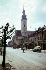 Slovakia, Prešov, Námestie Legionárov (Jókai tér), szemben a görögkatolikus templom., 1956, Csaba László örökösei, colorful, church, street view, Fortepan #287887