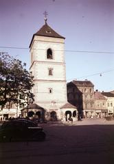 Slovakia, Košice, Fő tér (Hlavné namestie), Orbán-torony., 1956, Csaba László örökösei, colorful, steeple, Greek Catholic, Fortepan #287894