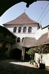 Romania,Transylvania, evangélikus erődtemplom., 1956, Csaba László örökösei, colorful, fortified church, Saxon ethnicity, oleander, Fortepan #287905