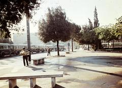 Olaszország, Róma, Viale Enrico de Nicola, szemben a Termini pályaudvar, jobbra a Piazza dei Cinquecento., 1960, Csaba László örökösei, színes, kőpad, autóbusz, Fortepan #287966