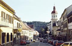 Ausztria, Birkfeld, Hauptplatz, szemben a Péter és Pál-templom., 1981, Csaba László örökösei, Fortepan #288564