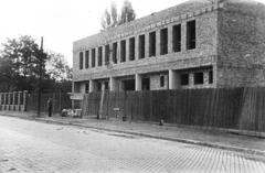 Hungary, Budapest XIX., Üllői út 303., a Hofherr-Schrantz-Clayton-Shuttleworth Magyar Gépgyári Művek Rt. iparitanuló-iskolájának építkezése (később BGSZC Ganz Ábrahám Két Tanítási Nyelvű Szakgimnázium és Szakközépiskola)., 1948, Csaba László örökösei, fence, brick wall, Budapest, Fortepan #288622