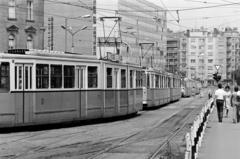 Magyarország, Budapest II., Széll Kálmán (Moszkva) tér, szemben a Margit körút (Mártírok útja), a villamosok mögött a Kohó- és Gépipari Minisztérium épülete látható., 1983, Prohászka Imre, villamos, Budapest, Ganz CSMG, Fortepan #288957