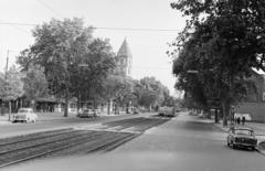 Hungary, Budapest XIII., Váci út, balra a Lehel (Élmunkás) téri piac és az Árpád-házi Szent Margit-templom, jobbra a Röntgen utca., 1967, Bencseky Mátyás, Budapest, Fortepan #289591