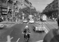 1967, Bencseky Mátyás, cobblestones, tram, traffic, butcher shop, crosswalk, motorcycle, taxicab, Fortepan #289594