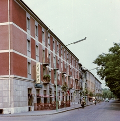 Magyarország, Kecskemét, Rákóczi út, Pálma cukrászda., 1966, Építésügyi Dokumentációs és Információs Központ, VÁTI, színes, cukrászda, lámpaoszlop, neon felirat, Fortepan #28982