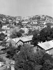 Magyarország, Budapest XII., kilátás a Csörsz utca 23-25. számú ház tetejéről a Sváb-hegy felé, távolabb a János-hegy. Előtérben az Országos Mentőszolgálat Csörsz utcai mentőbázisa az Alkotás utca mellett., 1970, Hegyvidéki Helytörténeti Gyűjtemény, Budapest, Fortepan #290531