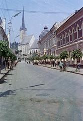 Romania,Transylvania, Dej, Strada 1 Mai, háttérben a református templom., 1966, Kovács Gyöngyi, Fortepan #291564