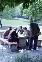 Magyarország, Budapest I., Horváth-kert, sakkasztalok az Attila út közelében, háttérben a Krisztina körút melletti épületek., 1980, Inkey Tibor, park, színes, Budapest, sakk, Fortepan #292409