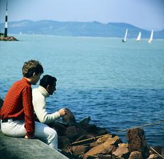 1967, Inkey Tibor, fishing rod, Lake Balaton, colorful, smoking, fishing, plaid shirt, Fortepan #292707