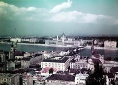 1954, Inkey Tibor, colorful, picture, parliament, Kossuth-bridge, Fortepan #292794