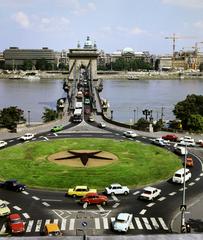 1985, Inkey Tibor, Danube, boat station, Skoda-brand, ship, tower crane, sculpture, crosswalk, roundabout, Trabant-brand, Lada-brand, Fortepan #292798