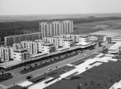 Hungary, Tiszaújváros, (Tiszaszederkény), kilátás a víztoronyból a Széchenyi úti üzletsor felé., 1969, Építésügyi Dokumentációs és Információs Központ, VÁTI, Fortepan #29306