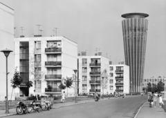 Hungary, Tiszaújváros, (Tiszaszederkény) Tisza út a Kazinczy út felöl nézve, háttérben a víztorony., 1969, Építésügyi Dokumentációs és Információs Központ, VÁTI, motorcycle, blocks, street view, genre painting, aerial, lamp post, dustbin, Fortepan #29311