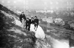 Magyarország, Budapest XII., a felvétel a Sas-hegyen készült, háttérben középen a Németvölgyi temető (később Gesztenyés kert), távolabb a Magyar Otikai Művek (MOM) épületei láthatók.., 1954, Mezei Attila, Léczfalvi, Budapest, Fortepan #293193