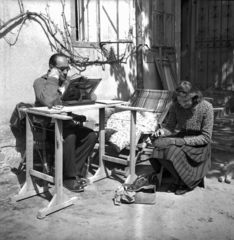 Hungary, Alag, Dunakeszi, Batthyány Elemér utca 8., a Petanovits-ház kertje., 1938, Kölcsey Ferenc Dunakeszi Városi Könyvtár / Petanovits fényképek, garden, reading, wicker chair, deck chair, shoe polishing, book-stand, Fortepan #29656