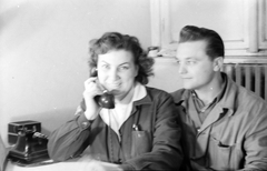 1955, Fortepan, workplace, telephone, window, man, woman, double portrait, radiator, overall, Fortepan #30060