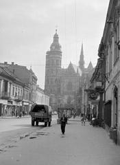 1958, Szalontai Tamás, székesegyház, utcakép, toronyóra, Fortepan #301765