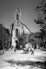 1958, Szalontai Tamás, gótika, szekér, szarvasmarha, járom, templom, Fortepan #301774