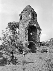 Magyarország,Balaton, Szigliget, Avas, román kori templom maradványa., 1957, Németh Tamás, fejfa, templomrom, Fortepan #30228