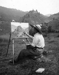 Slovakia, Sivý kameň, Domanovszky Endre festőművész Keselőkő várának romjait festi., 1943, Pétek Edit, hat, painting, man, easel, First Slovak Republic, Fortepan #30249