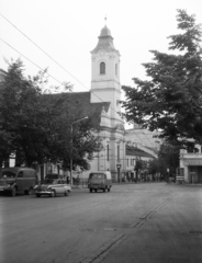 Románia,Erdély, Kolozsvár, Fő tér, szemben a Kossuth Lajos utca sarkán az evangélikus templom., 1963, Németh Tamás, templom, teherautó, utcakép, barokk-stílus, mikrobusz, automobil, neoklasszicizmus, George Winkler-terv, Fortepan #30410