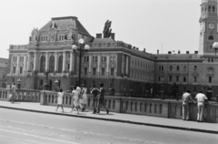 Romania,Transylvania, Oradea, Szent László híd, szemben a Városháza épülete., 1985, Németh Tamás, bridge, public building, eclectic architecture, Kálmán Rimanóczy-design, Fortepan #30439