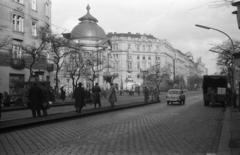 1962, Bán Tamás, színház, járdasziget, villamosmegálló, épület, Fortepan #304444