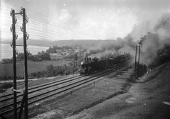 Hungary, 1932, Storymap.hu, steam locomotive, Hungarian Railways, railway, aerial wire, MÁV 301 series, Lake Balaton, Fortepan #30706