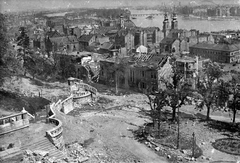 Magyarország, Halászbástya,budai Vár, Budapest I., kilátás a Vízivárosra, háttérben a Manci híd első, cölöphíd változata., 1945, Military Museum of Southern New England, híd, látkép, rom, Budapest, háborús kár, épületkár, lépcső, Fortepan #30875