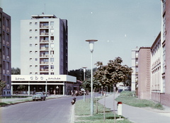 Hungary, Debrecen, Libakerti (ekkor Új Élet parki) lakótelep. Ibolya utca, balra az ABC előtt a Viola utca torkolata., 1969, Építésügyi Dokumentációs és Információs Központ, VÁTI, colorful, motorcycle, blocks, street view, genre painting, lamp post, Fortepan #30936