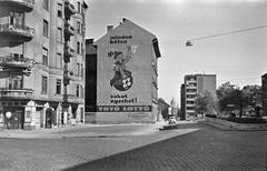 1962, Bordács Ferenc, Best of, fuvarozás, Függesztett lámpatest, telefonfülke, tűzfal, reklám, lottó, Fortepan #309632