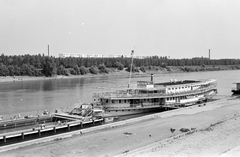 Magyarország, Szeged, Tisza-part a Roosevelt térnél, előtérben a Szőke Tisza állóhajó a fürdőkosárral., 1966, Építésügyi Dokumentációs és Információs Központ, VÁTI, hajó, gőzhajó, Szőke Tisza I./Táncsics/Szent Gellért hajó, Fortepan #31054