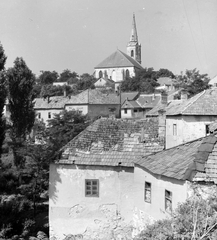 Magyarország, Sárospatak, látkép a Vártemplommal az Attila utca régi híd felé eső végétől., 1959, Építésügyi Dokumentációs és Információs Központ, VÁTI, templom, katolikus, Fortepan #31102